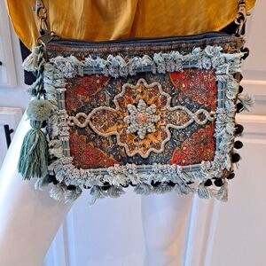 Artisan Boho Crossbody in Blue/Multicolor Fringe Embroidery Poms Cotton Canvas